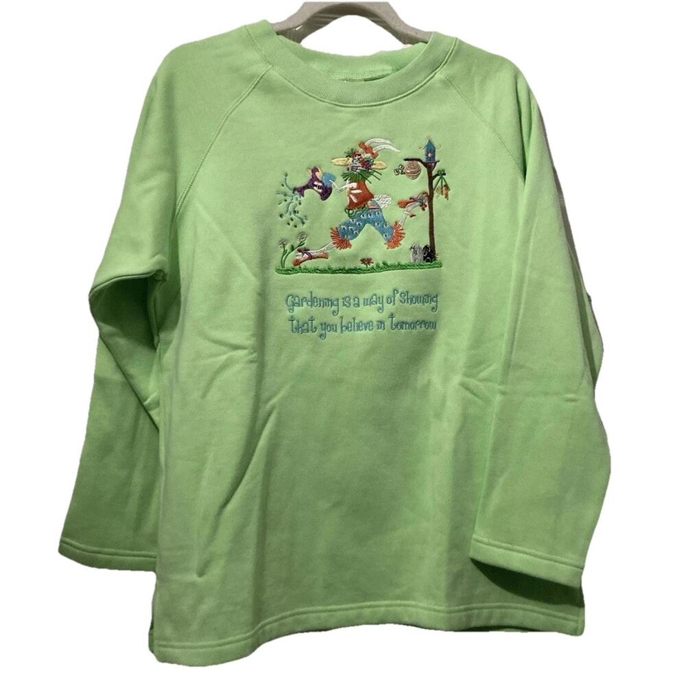 Quacker Factory Lime Green Embroidered Bunny Spring Tunic Sweatshirt Size Small